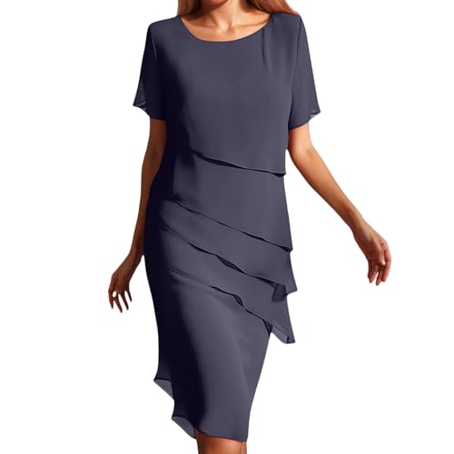 Cocktailkleid Damen, Kleid Hochzeitsgast Damen Chiffon Cocktailkleid Kurzarm Knielang Rüschensaum Abendkleider Einfarbig Faltenkleid Elegant Partykleid Wickelkleid Rundhals Festliche Kleider von Hsternexy