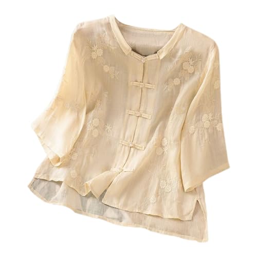 Damenblusen 3/4 Arm, Tunika Damen Sommer Boho Bohemian Leinenbluse 3/4 Arm Luftig Bluse Damenblusen Oversize Folklore Elegant Oberteil Hemd Blumen Italienische Leinen Hemdbluse Shirt von Hsternexy