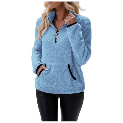 Fleecepullover-Damen-Grosse-Grössen, Teddy Pullover Damen Flauschig Pulli Kuschelpullover Teddy Fleece Kapuzenpullover Herbst-Winter 1/4 Zip Stehkragen Plüsch Sweatshirt Warm Oberteil Mit Seitentasche von Hsternexy