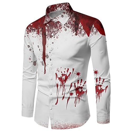 Halloween Kostüm Herren, Halloween Hemd Herren Slim Fit Freizeithemd Lustig Blut Druck Hemden Lustig Funky Blutspritzer Kostüm Button Down Langarmshirt Shirts Oberteil von Hsternexy