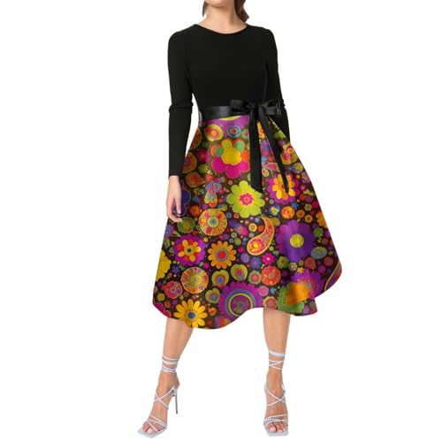 Hippie Damen Kleid, Kostüm Damen Hippie, 70Er Jahre Outfit Damen Retro Rockabilly Kleider Elegant Langarm A Linie Flower Power Kleidung Hippie Kostüm Rave Party Festliche Kleider von Hsternexy