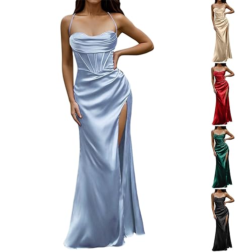 Hsternexy Abendkleid Damen Lang Ballkleider Satin mit Taschen Schlitz Ballkleid Abendkleider Backless Ärmellos A-Linie Cocktailkleid Elegant Abiballkleider Partykleid Große Größen Hochzeitskleider von Hsternexy