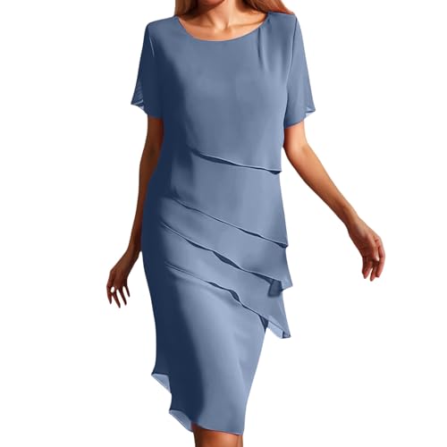 Hsternexy Abschlusskleid, Kleid Hochzeitsgast Damen Chiffon Cocktailkleid Kurzarm Knielang Rüschensaum Abendkleider Einfarbig Faltenkleid Elegant Partykleid Wickelkleid Rundhals Festliche Kleider von Hsternexy