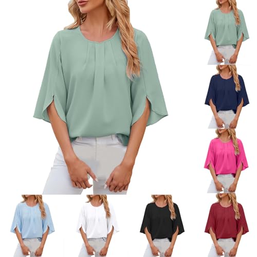 Hsternexy Bluse Damen 3/4 Arm Oberteile Elegant Chiffon Lässig Tunika Longshirt Einfarbig Frühling Langarm Blusenshirt Longbluse Schwarze Weißes Sommerbluse Business Modern Damenblusen Leinenbluse von Hsternexy