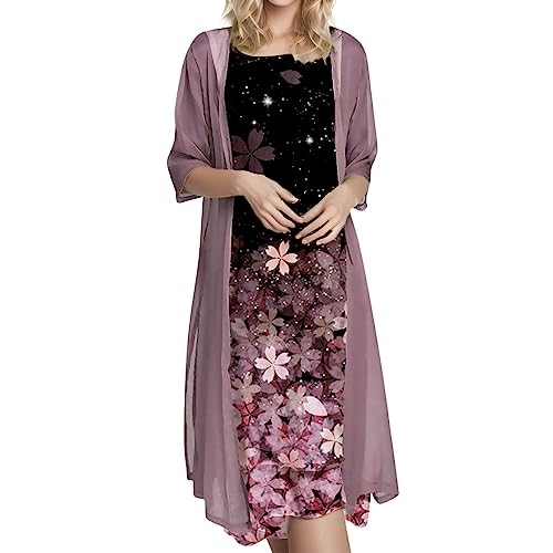 Hsternexy Chiffonkleid Set Damen: Festlich Abendkleid+Chiffon Strickjacke, Elegant Lang Sommer Brautkleider Zweiteiliges Schicke Knielang Sommerkleider Anzug Große Größen Cocktailkleid Strandkleid von Hsternexy