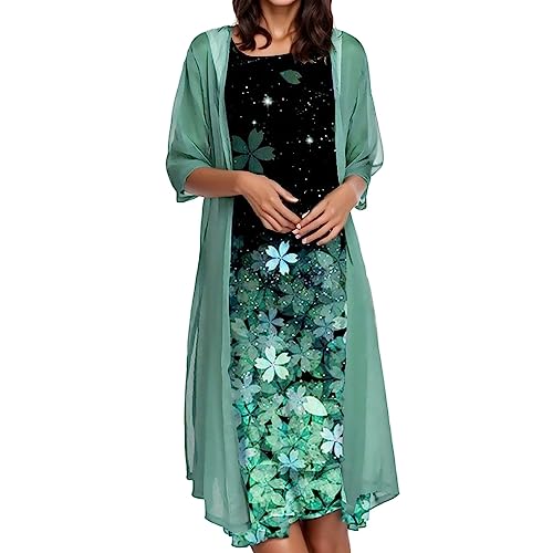 Hsternexy Chiffonkleid Set Damen: Festlich Abendkleid+Chiffon Strickjacke, Elegant Lang Sommer Brautkleider Zweiteiliges Schicke Knielang Sommerkleider Anzug Große Größen Cocktailkleid Strandkleid von Hsternexy