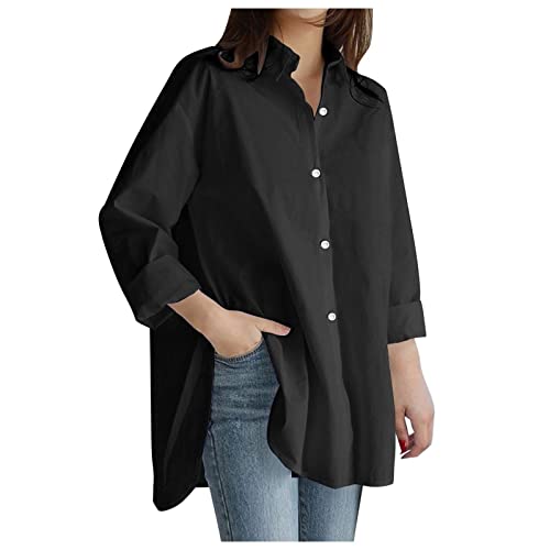 Hsternexy Damen Bluse Lang Business Elegant Leinenbluse Hemd Musselin Langarm Sommer Bluse Leinenhemd Oversized Lässig Schwarz Tuniken Oberteile Baumwolle Shirt von Hsternexy