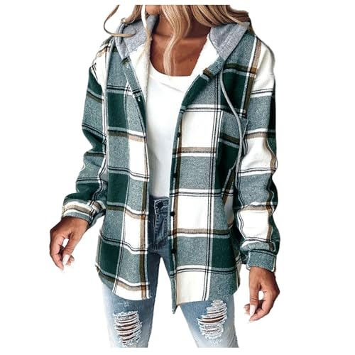 Hsternexy Flanell Jacke Damen Kapuze, Flanell Jacke Sherpa Jacke Karierte Jacke Flanellhemd Holzfäller Jacke Wolljacke Winter Hemdjacke Gefüttert Teddyjacke Karierter Mantel Karo Jacke von Hsternexy