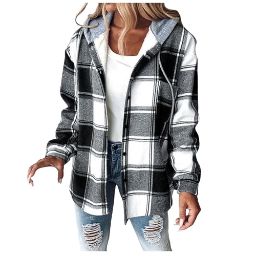 Hsternexy Flanell Jacke Damen Kapuze, Flanell Jacke Sherpa Jacke Karierte Jacke Flanellhemd Holzfäller Jacke Wolljacke Winter Hemdjacke Gefüttert Teddyjacke Karierter Mantel Karo Jacke von Hsternexy