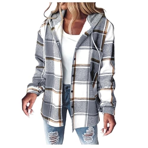 Hsternexy Flanell Jacke Damen Kapuze, Flanell Jacke Sherpa Jacke Karierte Jacke Flanellhemd Holzfäller Jacke Wolljacke Winter Hemdjacke Gefüttert Teddyjacke Karierter Mantel Karo Jacke von Hsternexy