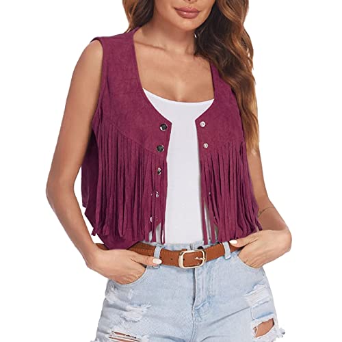 Hsternexy Hippie Weste Damen Karnevalskostüme Wildleder Ärmellos Mit Fransen Cardigan Bluse Große Größe Mittelalter Kurz Fransenweste Weste Vintage Boho Ethnisch Jacke 70er 108er Kostüm von Hsternexy