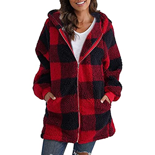 Hsternexy Karierte Jacke Damen Warmer Kariertes Flanellhemd Knöpfen Taschen Mantel Holzfällerjacke Plaid Plüsch Fleece Gefüttert Jacke Winter Bluse Mit Kapuze von Hsternexy