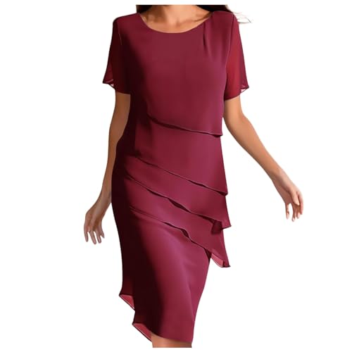 Hsternexy Kleider Damen, Kleid Hochzeitsgast Damen Chiffon Cocktailkleid Kurzarm Knielang Rüschensaum Abendkleider Einfarbig Faltenkleid Elegant Partykleid Wickelkleid Rundhals Festliche Kleider von Hsternexy