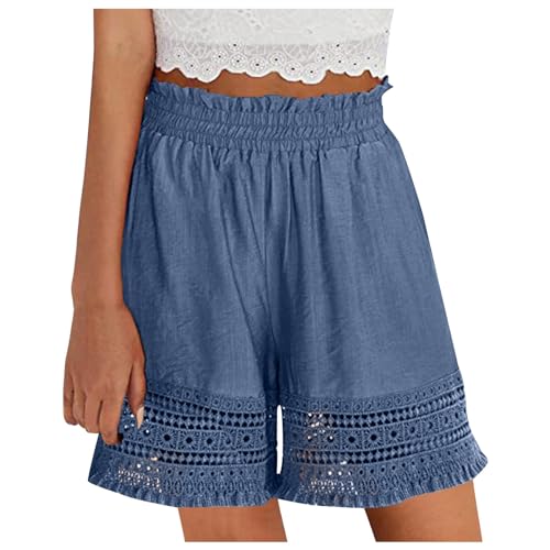 Hsternexy Kurze Hose Damen mit Spitzenrand, Sommer Musselin Shorts Leinenhose Retro Spitze High Waist Shorts Knielang Bermuda Kurze Hosen Sport Lässige Sweatshorts Mädchen von Hsternexy