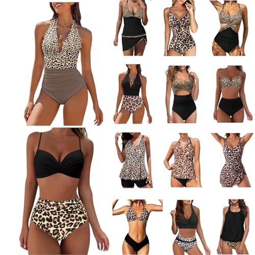 Hsternexy Leoparden Bikini Damen Set, Badeanzug Damen Bauchweg, Leopardenmuster mit Bügel Push up Tankini Bikini-Sets Sexy Bauch Weg Sport Bademode Badeanzug Neckholder Große Brüste Badeanzüge von Hsternexy