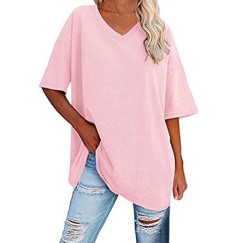 Hsternexy Oversize Shirt Damen Kurzarm Los Angeles Brief Sommer T Shirt Longshirt V-Ausschnitt Basic Sport Longbluse Tshirt Elegant Schwarz Pink Pullover Tunika Gym 3/4 Arm Bedruckt Pulli Tops von Hsternexy