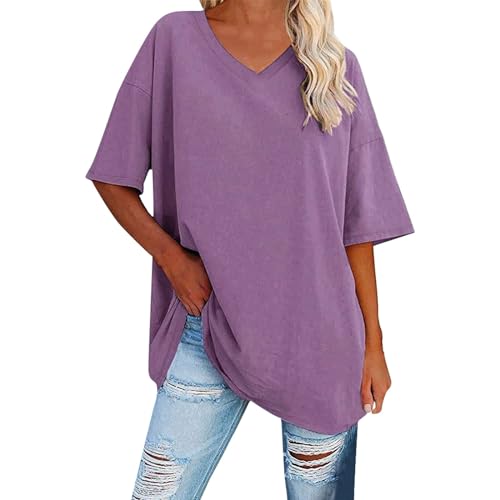 Hsternexy Oversize Shirt Damen Kurzarm Los Angeles Brief Sommer T Shirt Longshirt V-Ausschnitt Basic Sport Longbluse Tshirt Elegant Schwarz Pink Pullover Tunika Gym 3/4 Arm Bedruckt Pulli Tops von Hsternexy