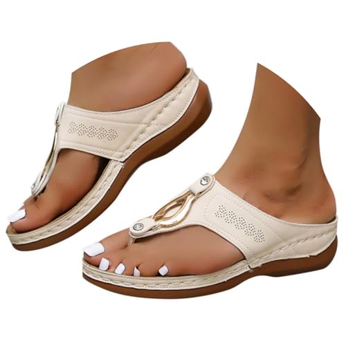Hsternexy Sandalen Damen Sommer - Leder Zehentrenner - Leichte Orthopädische Schuhe - Elegant Flip Flops - mit Fussbett Pantoletten Bequem Römer Sommerschuhe Boho Modische Strandschuhe für Mädchen von Hsternexy