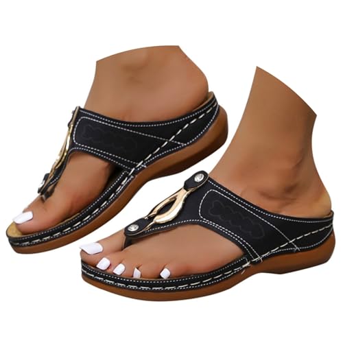 Hsternexy Sandalen Damen Sommer - Leder Zehentrenner - Leichte Orthopädische Schuhe - Elegant Flip Flops - mit Fussbett Pantoletten Bequem Römer Sommerschuhe Boho Modische Strandschuhe für Mädchen von Hsternexy
