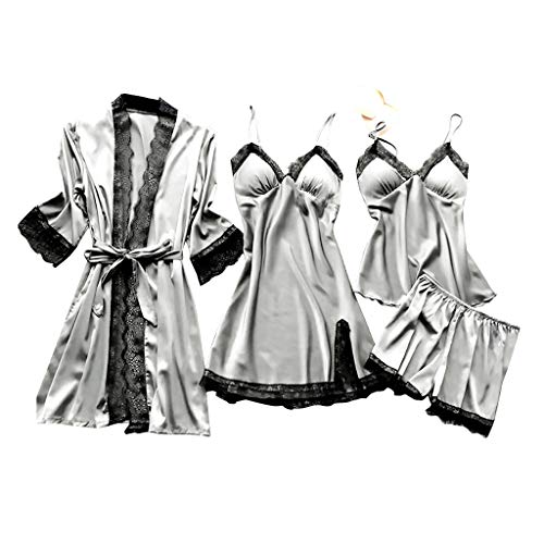 Hsternexy Satin Pyjama Damen 5pcs Sexy Pyjama Für Frauen Kurzarm Lange Hose Sexy Lang Pyjama Seidenpyjama Seide Satin Kurz Set Schlafanzug Negligee Sommer Große Größen Jumpsuit von Hsternexy