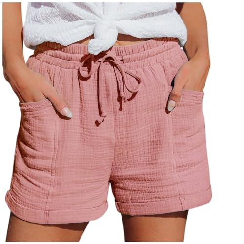 Hsternexy Shorts Damen,Sommer Leinen Musselin Kurze Hose Beach Shorts Mit Taschen Mode Lässige Stoffhose Freizeit Shorts Elastische Taille Stretch Gerades Bein Sport Shorts mit Kordelzug Leinenhose von Hsternexy