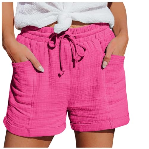Hsternexy Shorts damen,Sommer Leinen Musselin Kurze Hose Beach Shorts Mit Taschen Mode Lässige Stoffhose Freizeit Shorts Elastische Taille Stretch Gerades Bein Sport Shorts mit Kordelzug Leinenhose von Hsternexy