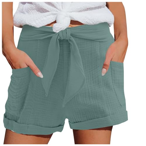 Hsternexy Shorts Damen Sommer Leinen Musselin Kurze Hose Beach Shorts Mit Taschen Mode Lässige Stoffhose Freizeit Shorts Elastische Taille Stretch Gerades Bein Sport Shorts mit Kordelzug Leinenhose von Hsternexy