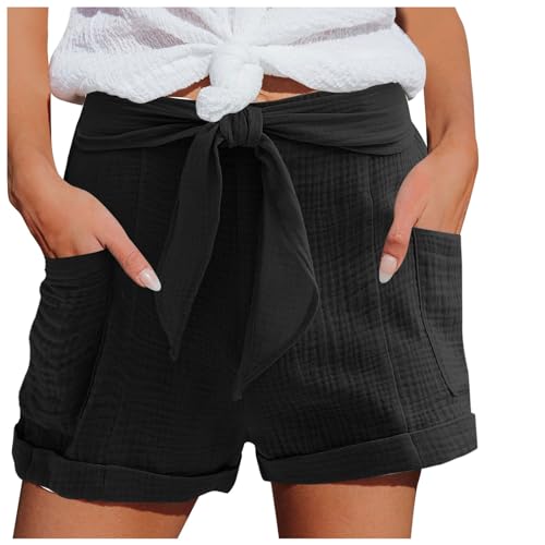 Hsternexy Shorts Damen Sommer Leinen Musselin Kurze Hose Beach Shorts Mit Taschen Mode Lässige Stoffhose Freizeit Shorts Elastische Taille Stretch Gerades Bein Sport Shorts mit Kordelzug Leinenhose von Hsternexy