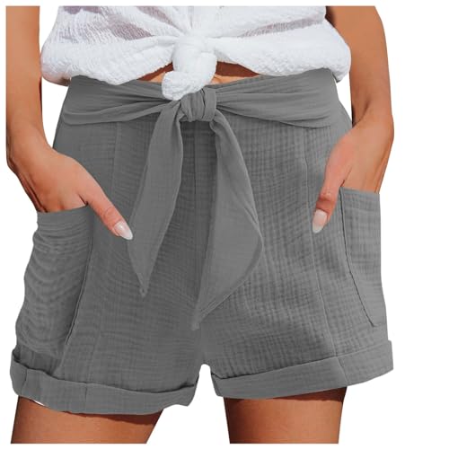 Hsternexy Shorts damen Sommer Leinen Musselin Kurze Hose Beach Shorts Mit Taschen Mode Lässige Stoffhose Freizeit Shorts Elastische Taille Stretch Gerades Bein Sport Shorts mit Kordelzug Leinenhose von Hsternexy