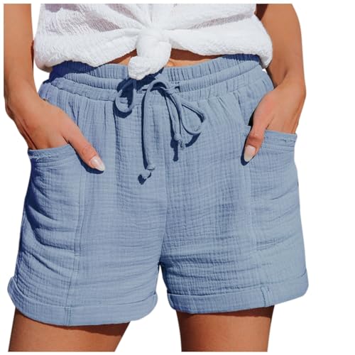 Hsternexy Shorts Damen Sommer Leinen Musselin Kurze Hose Beach Shorts Mit Taschen Mode Lässige Stoffhose Freizeit Shorts Elastische Taille Stretch Gerades Bein Sport Shorts mit Kordelzug Leinenhose von Hsternexy