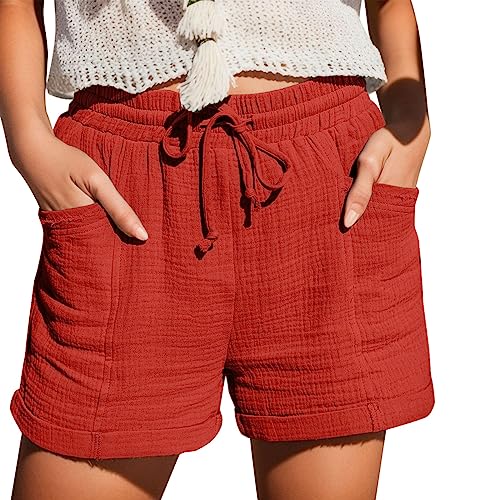 Hsternexy Shorts Damen Sommer Leinen Musselin Kurze Hose Beach Shorts Mit Taschen Mode Lässige Stoffhose Freizeit Shorts Elastische Taille Stretch Gerades Bein Sport Shorts mit Kordelzug Leinenhose von Hsternexy