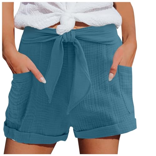 Hsternexy Shorts Damen Sommer Leinen Musselin Kurze Hose Beach Shorts Mit Taschen Mode Lässige Stoffhose Freizeit Shorts Elastische Taille Stretch Gerades Bein Sport Shorts mit Kordelzug Leinenhose von Hsternexy