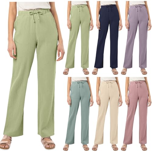 Hsternexy Sommerhose Damen Musselin Hose Leicht Lang Baumwolle Jogginghose Schlafanzughose Sommer Baggy Stretch Freizeithose Yogahose Gerade Geschnitten mit Taschen Pyjamahose Strandhose Leinenhose von Hsternexy