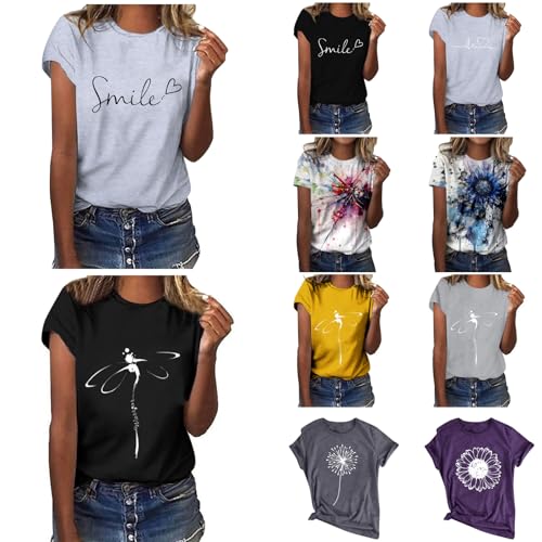 Hsternexy T-Shirt Damen Sommer Kurzarm Basic T Shirt Oberteile Libellen Löwenzahn Bedrucken Bluse Tshirt Baumwolle Casual Locker Damen Tops Sportshirt von Hsternexy