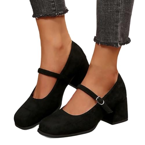 Hsternexy Trachtenschuhe Damen Schwarz Pumps mit Geschlossenem, Spitzem Zehenbereich Und Niedrigem Blockabsatz, Knöchelriemen, Hochzeitsschuhe, Elegante Dirndl Schuhe von Hsternexy