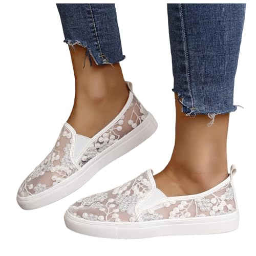 Hsternexy Weiße Stoffschuhe Damen,Trachtenschuhe Damen Flach - Spitzen Dirndl Trachten Sneaker Mesh Atmungsaktive Sommerschuhe Weiß Hochzeitsschuhe Braut Stoffschuhe Sport Tennisschuhe Turnschuhe von Hsternexy