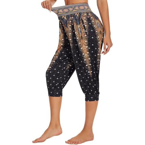Kurze Jogginghose Damen,Haremshose Damen Leicht Sporthose Kurz 3/4 Caprihose Sommerhose Sommer Knielange Capri Yogahose Pumphose Boho Elastische Taille Stoffhose Freizeit Pilates Aladinhose Strandhose von Hsternexy