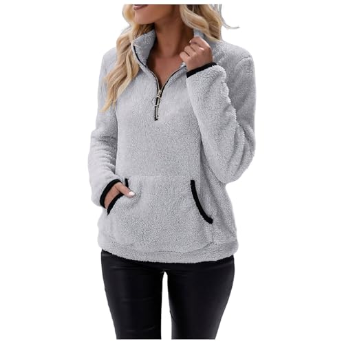 Kuschel-Fleece-Pullover-Für-Damen, Teddy Pullover Damen Flauschig Pulli Kuschelpullover Teddy Fleece Kapuzenpullover Herbst-Winter 1/4 Zip Stehkragen Plüsch Sweatshirt Warm Oberteil Mit Seitentasche von Hsternexy