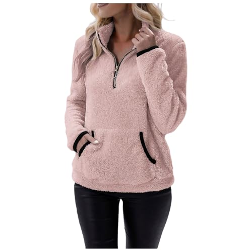 Kuschelpullover-Damen-Flauschig-Xxl, Teddy Pullover Damen Flauschig Pulli Kuschelpullover Teddy Fleece Kapuzenpullover Herbst-Winter 1/4 Zip Stehkragen Plüsch Sweatshirt Warm Oberteil Mit Seitentasche von Hsternexy