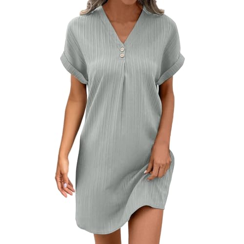 Leinenkleider Damen Sommer, Musselin Kleid Damen Sommer Falten Leinen Kleider V-Ausschnitt Luftige Tunika Freizeitkleid Einfarbige mit Knöpfen Lässiges Kurzarm Sommerkleid Leicht Boho Strandkleider von Hsternexy