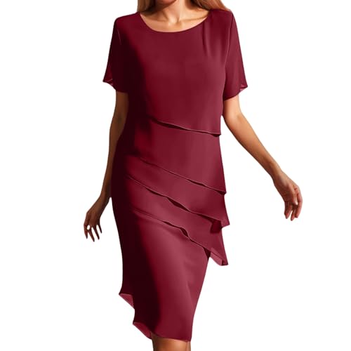 Maxikleider Damen Sommer, Kleid Hochzeitsgast Damen Chiffon Cocktailkleid Kurzarm Knielang Rüschensaum Abendkleider Einfarbig Faltenkleid Elegant Partykleid Wickelkleid Rundhals Festliche Kleider von Hsternexy