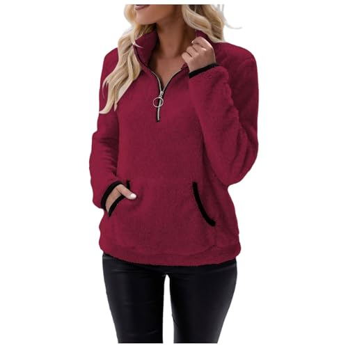 Pullover-Damen-Schwarz-Oversize, Teddy Pullover Damen Flauschig Pulli Kuschelpullover Teddy Fleece Kapuzenpullover Herbst-Winter 1/4 Zip Stehkragen Plüsch Sweatshirt Warm Oberteil Mit Seitentasche von Hsternexy