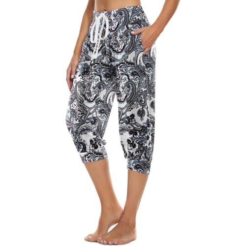 Sommerhose Damen Leicht,Haremshose Damen Leicht Sporthose Kurz 3/4 Caprihose Sommerhose Sommer Knielange Capri Yogahose Pumphose Boho Elastische Taille Stoffhose Freizeit Pilates Aladinhose Strandhose von Hsternexy