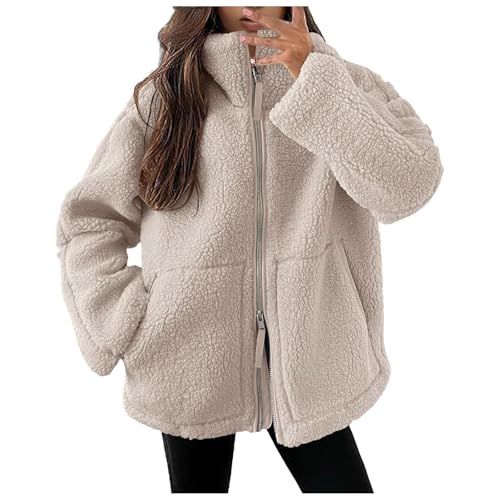 Teddy Fleecejacke Damen, Strickjacke Dicke Fleecejacke Damen Beige Freizeit Teddy Jacke Plüschjacke Einfarbig Kuscheljacke Winterjacke Doppelschneidiger Oversize Jacke Warme Strickfleecejacke von Hsternexy
