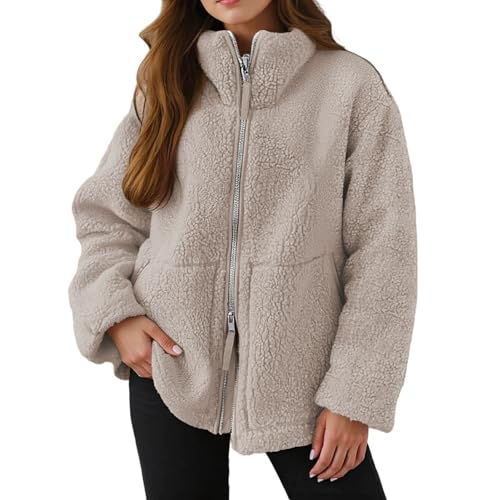 Teddy Fleecejacke Damen, Strickjacke Dicke Fleecejacke Damen Beige Freizeit Teddy Jacke Plüschjacke Einfarbig Kuscheljacke Winterjacke Doppelschneidiger Oversize Jacke Warme Strickfleecejacke von Hsternexy