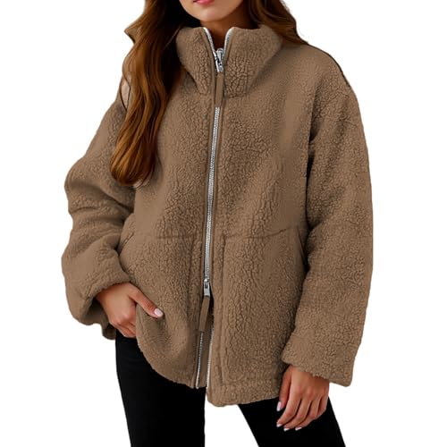Teddy Fleecejacke Damen, Strickjacke Dicke Fleecejacke Damen Beige Freizeit Teddy Jacke Plüschjacke Einfarbig Kuscheljacke Winterjacke Doppelschneidiger Oversize Jacke Warme Strickfleecejacke von Hsternexy