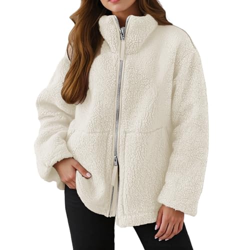 Teddy Fleecejacke Damen, Strickjacke Dicke Fleecejacke Damen Beige Freizeit Teddy Jacke Plüschjacke Einfarbig Kuscheljacke Winterjacke Doppelschneidiger Oversize Jacke Warme Strickfleecejacke von Hsternexy