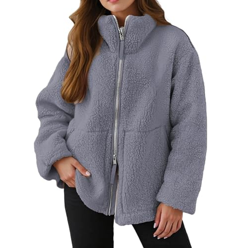 Teddy Fleecejacke Damen, Strickjacke Dicke Fleecejacke Damen Beige Freizeit Teddy Jacke Plüschjacke Einfarbig Kuscheljacke Winterjacke Doppelschneidiger Oversize Jacke Warme Strickfleecejacke von Hsternexy