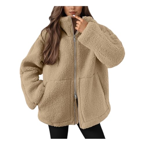 Teddy Fleecejacke Damen, Strickjacke Dicke Fleecejacke Damen Beige Freizeit Teddy Jacke Plüschjacke Einfarbig Kuscheljacke Winterjacke Doppelschneidiger Oversize Jacke Warme Strickfleecejacke von Hsternexy