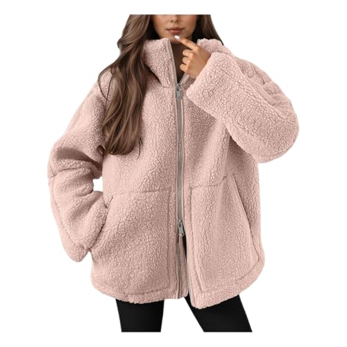 Teddy Fleecejacke Damen, Strickjacke Dicke Fleecejacke Damen Beige Freizeit Teddy Jacke Plüschjacke Einfarbig Kuscheljacke Winterjacke Doppelschneidiger Oversize Jacke Warme Strickfleecejacke von Hsternexy